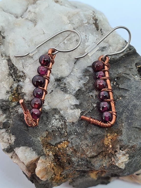 Handmade Titanium Garnet Dangle Earrings Copper Wire Wrapped