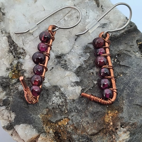 Handmade Titanium Garnet Dangle Earrings Copper Wire Wrapped
