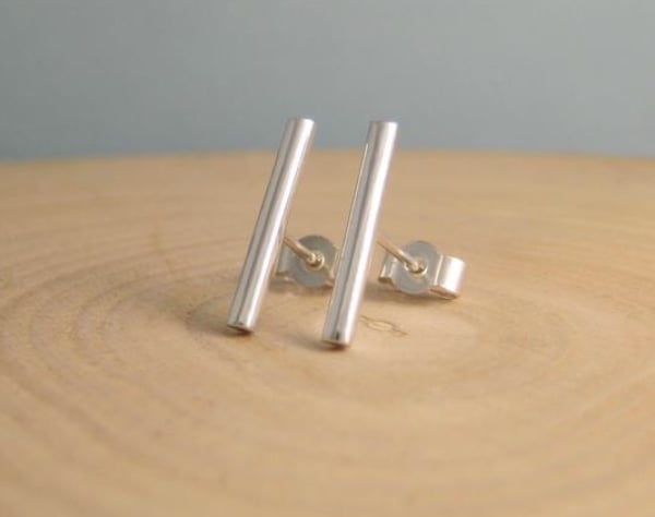 Sterling Silver Plain Smooth Bar-Stick Ear Stud Earrings 15mm - Handmade UK