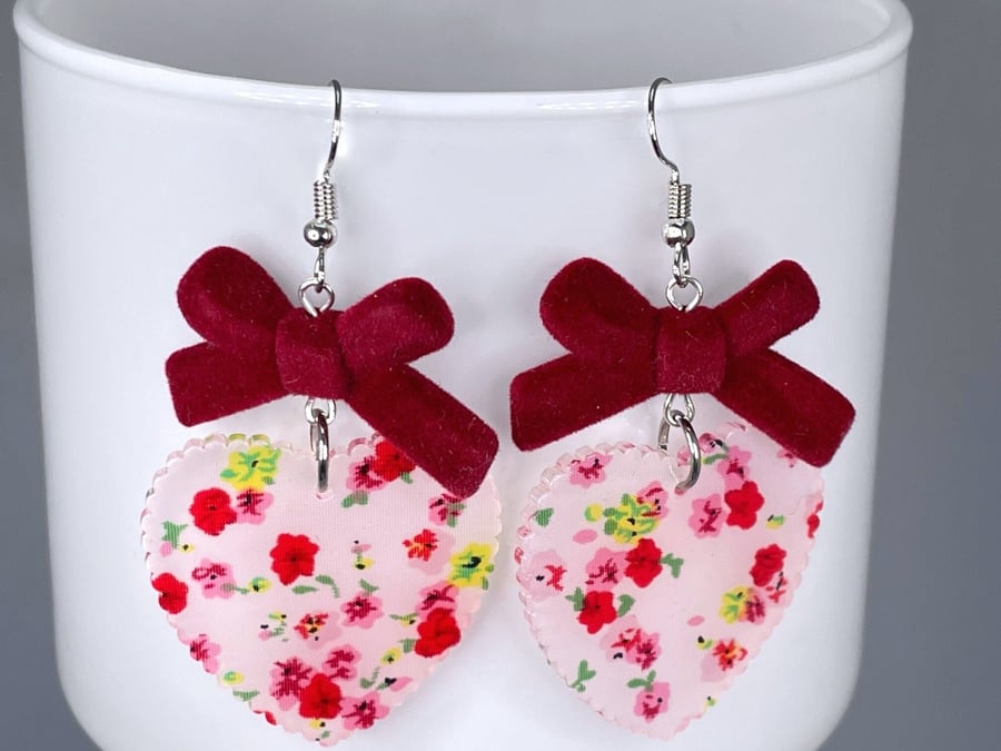 RESIN HEART EARRINGS flock bow drop dangle gift for her floral flower spring