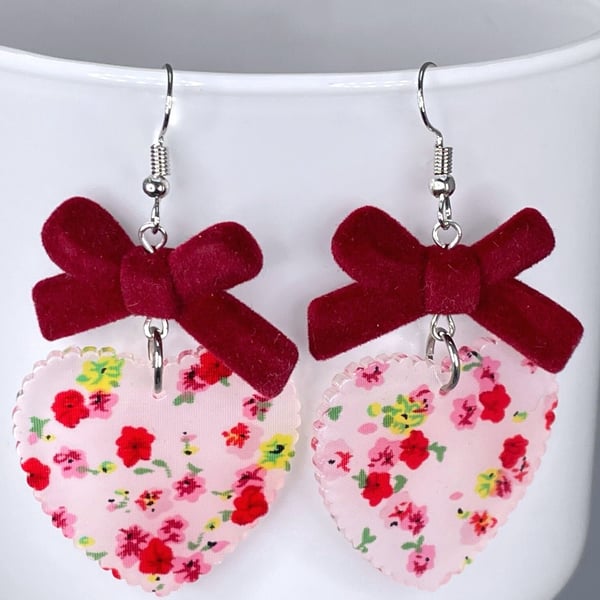 RESIN HEART EARRINGS flock bow drop dangle gift for her floral flower spring