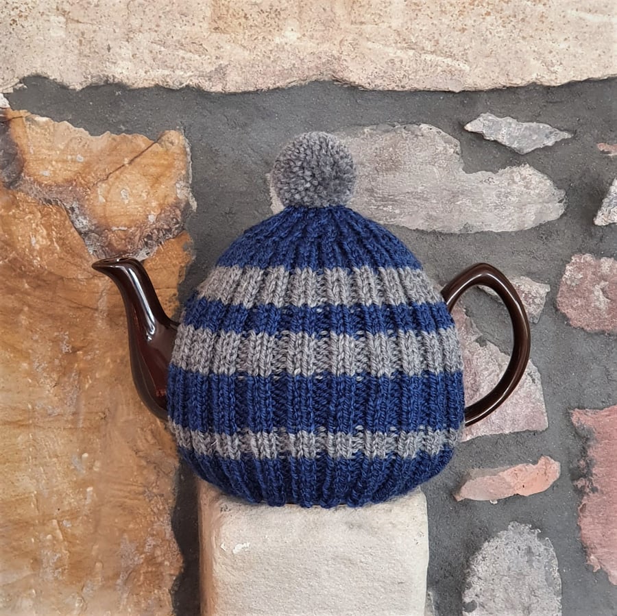 Large Tea Cosy, Brown Betty Compatible, Hand Knitted, Dark Blue & Grey Stripes
