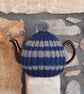 Large Tea Cosy, Brown Betty Compatible, Hand Knitted, Dark Blue & Grey Stripes - Image 1