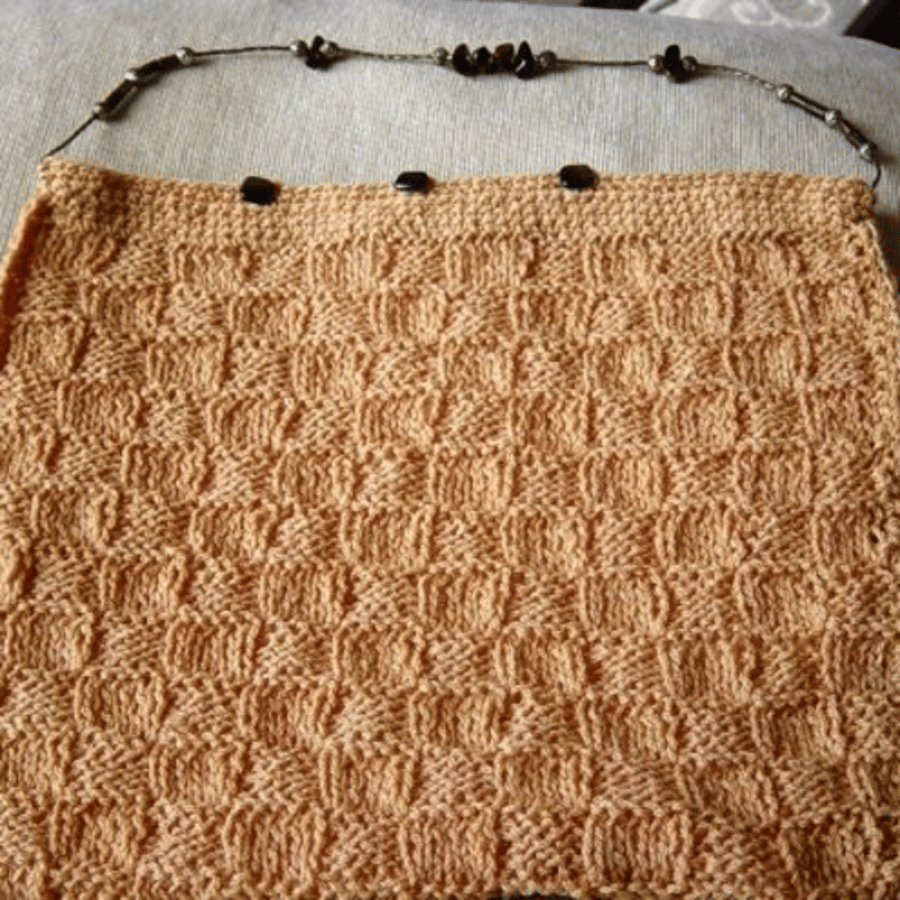 Wool Basket Weave & Tigers Eye Hand Knitted Handbag with Bead Strap