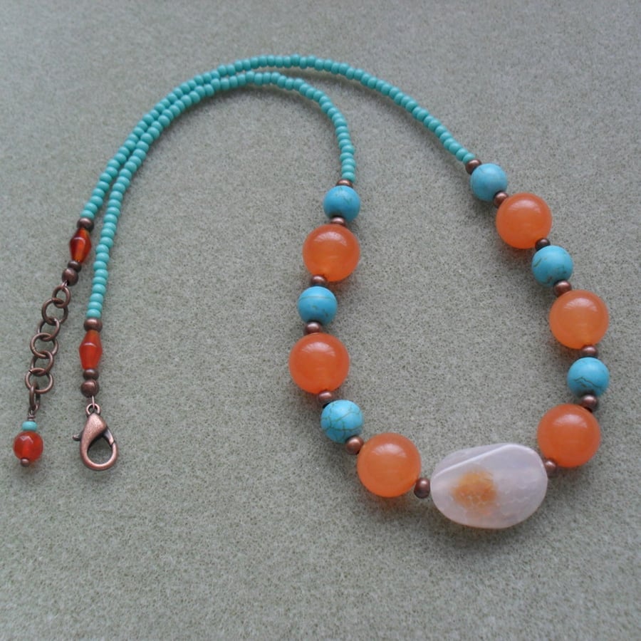 Orange and Turquoise Beaded Necklace  