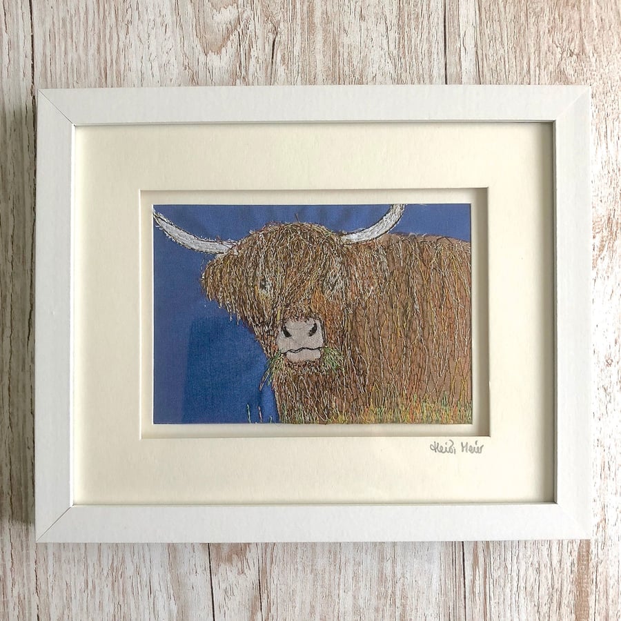 Highland Cow - textile art hand crafted artwork thread painting