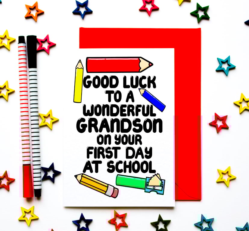Good Luck First Day Of School Card For Grandson From Grandparents, Grandad, Nan