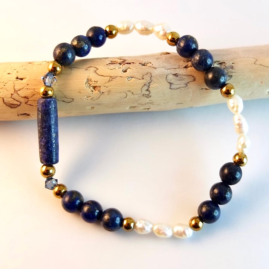 Lapis Lazuli, Freshwater Pearl And Swarovski Crystal Bracelet -Handmade In Devon