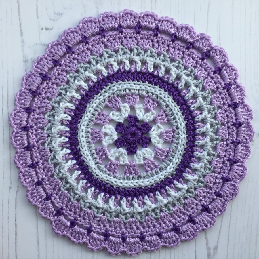 Crochet Mandala Table Mat in Lavender Purple Grey and White 
