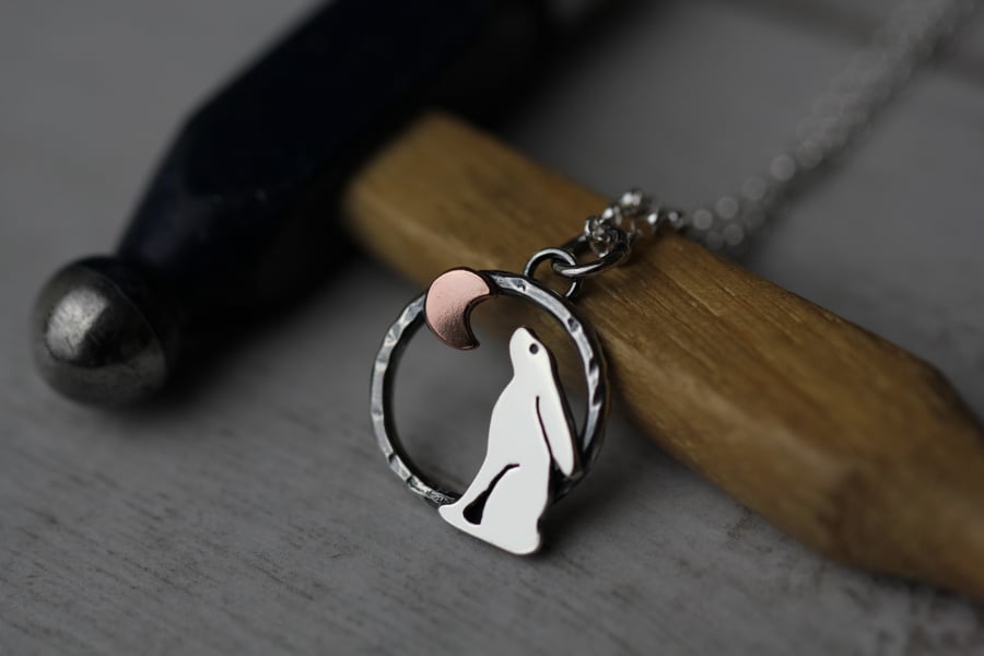 Small sterling silver and copper moon gazing hare necklace