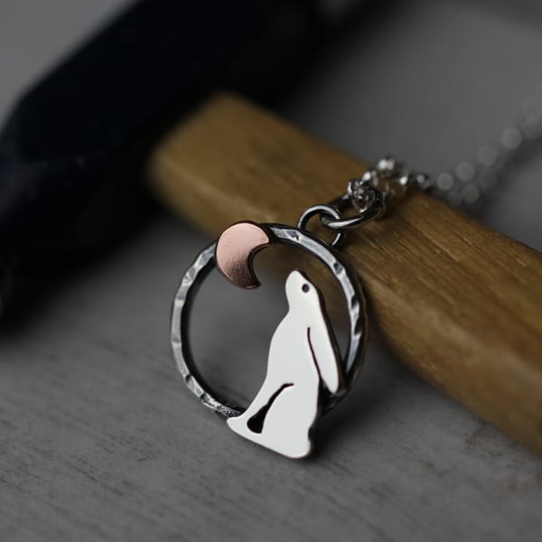 Small sterling silver and copper moon gazing hare necklace