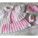 Luxury dress set for newborn baby girl, dress, bolero jacket, hat and shoes. 
