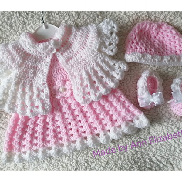 Luxury dress set for newborn baby girl, dress, bolero jacket, hat and shoes. 