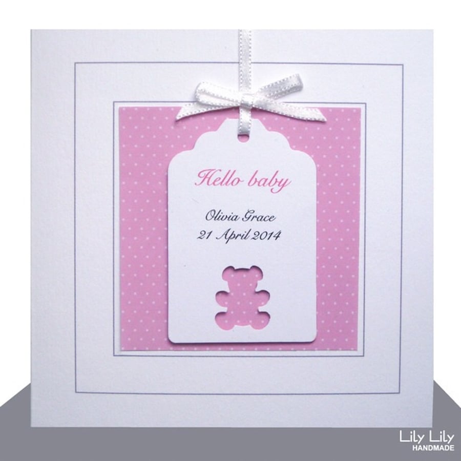 New Baby Girl Card - Personalised, Teddy Bear Design