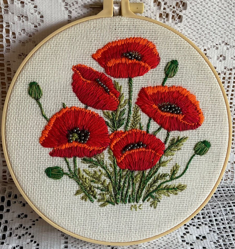 Hand embroidered Poppy Ring