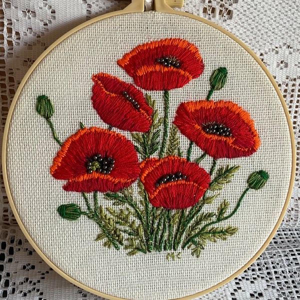 Hand embroidered Poppy Ring