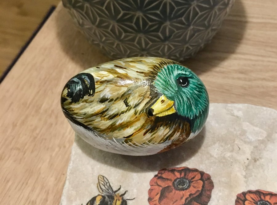 Duck painted pebble garden rock art stone portrait 