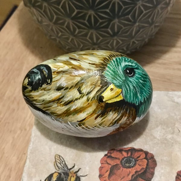 Duck painted pebble garden rock art stone portrait 