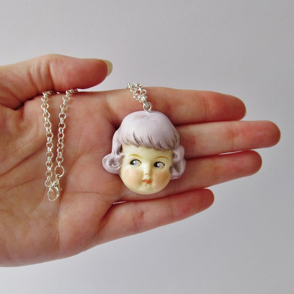 Dottie Dollie Face Pendant  - Lilac Haired Rose 