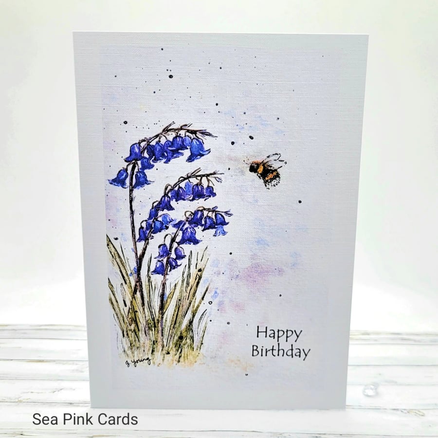 Birthday Card, bluebells and bee - original art, textured card, birthday 