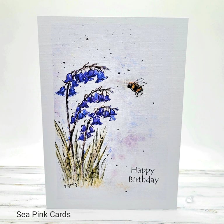 Birthday Card, bluebells and bee - original art, textured card, birthday 