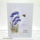 Birthday Card, bluebells and bee - original art, textured card, birthday 