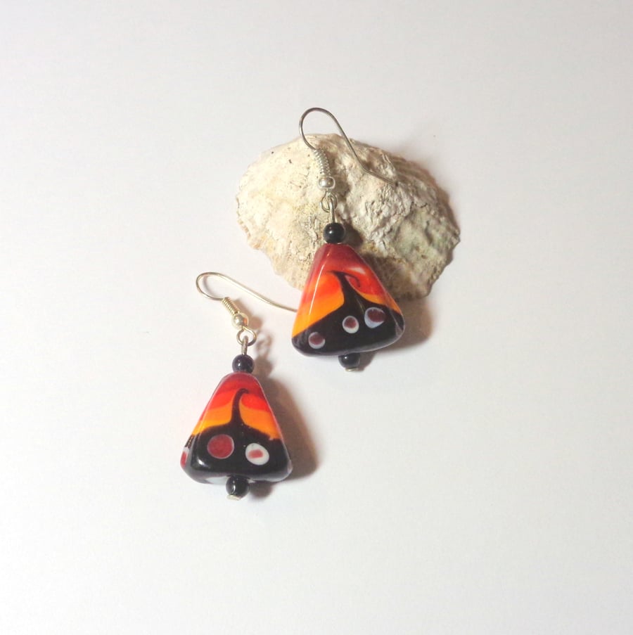 Red, orange & black triangular chunky glass bead silver plated drop earrings