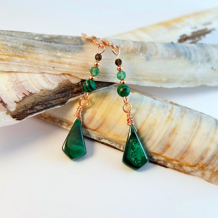  Malachite, Onyx & Copper Drop Earrings, Anniversary, Birthday, Gifts For Her