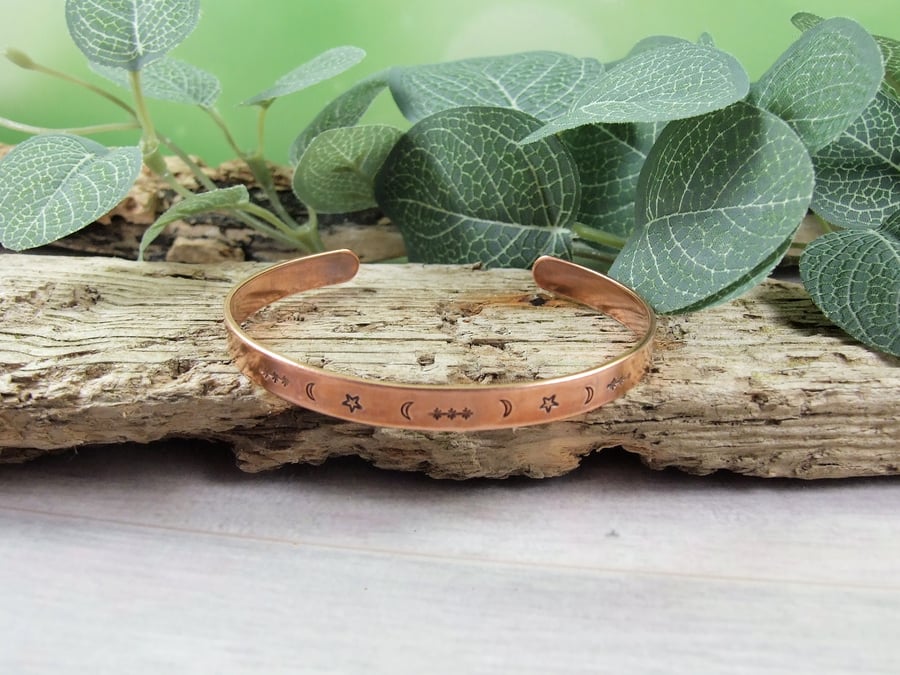 Copper Cuff. Hand Stamped Moon and Stars Pattern, Antiqued Finish, Size Medium