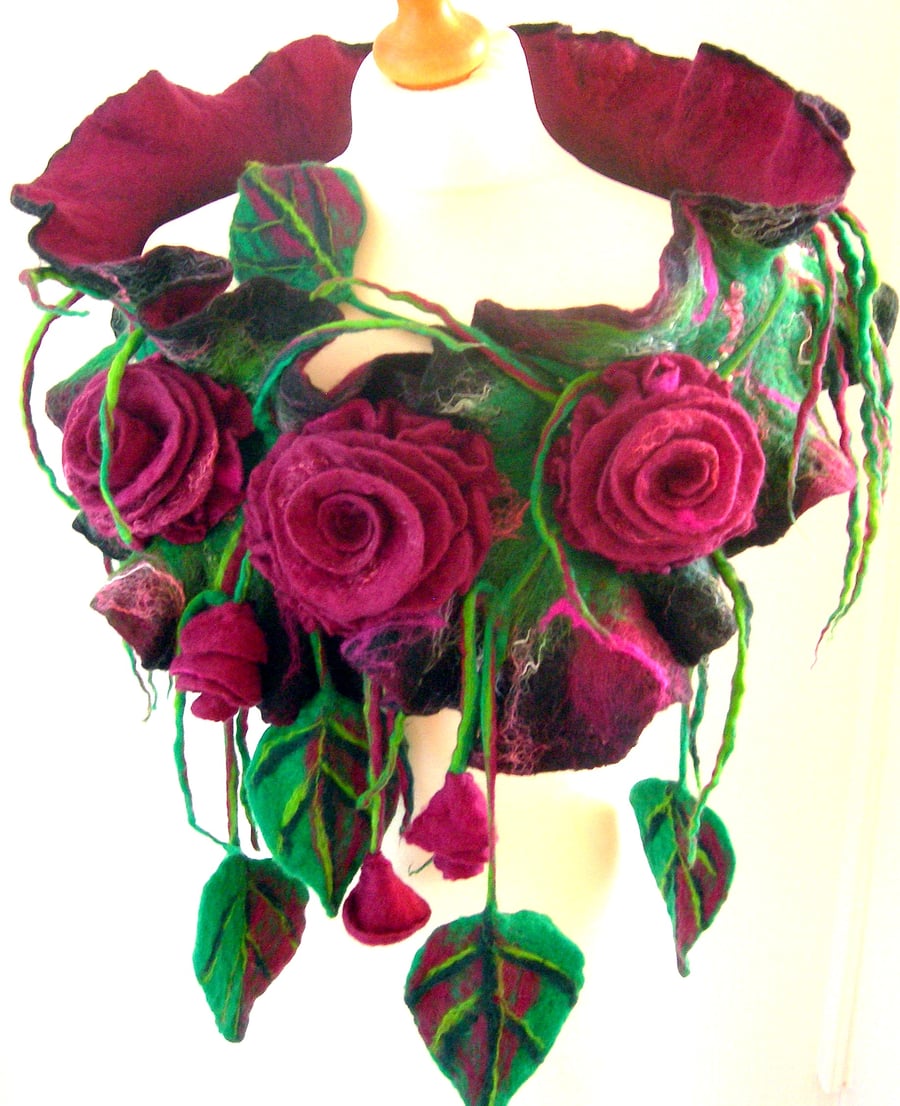 FELTED  SCARF AND  BROOCH ---100%MERINO WOOL- MIDNIGHT ROSES-2