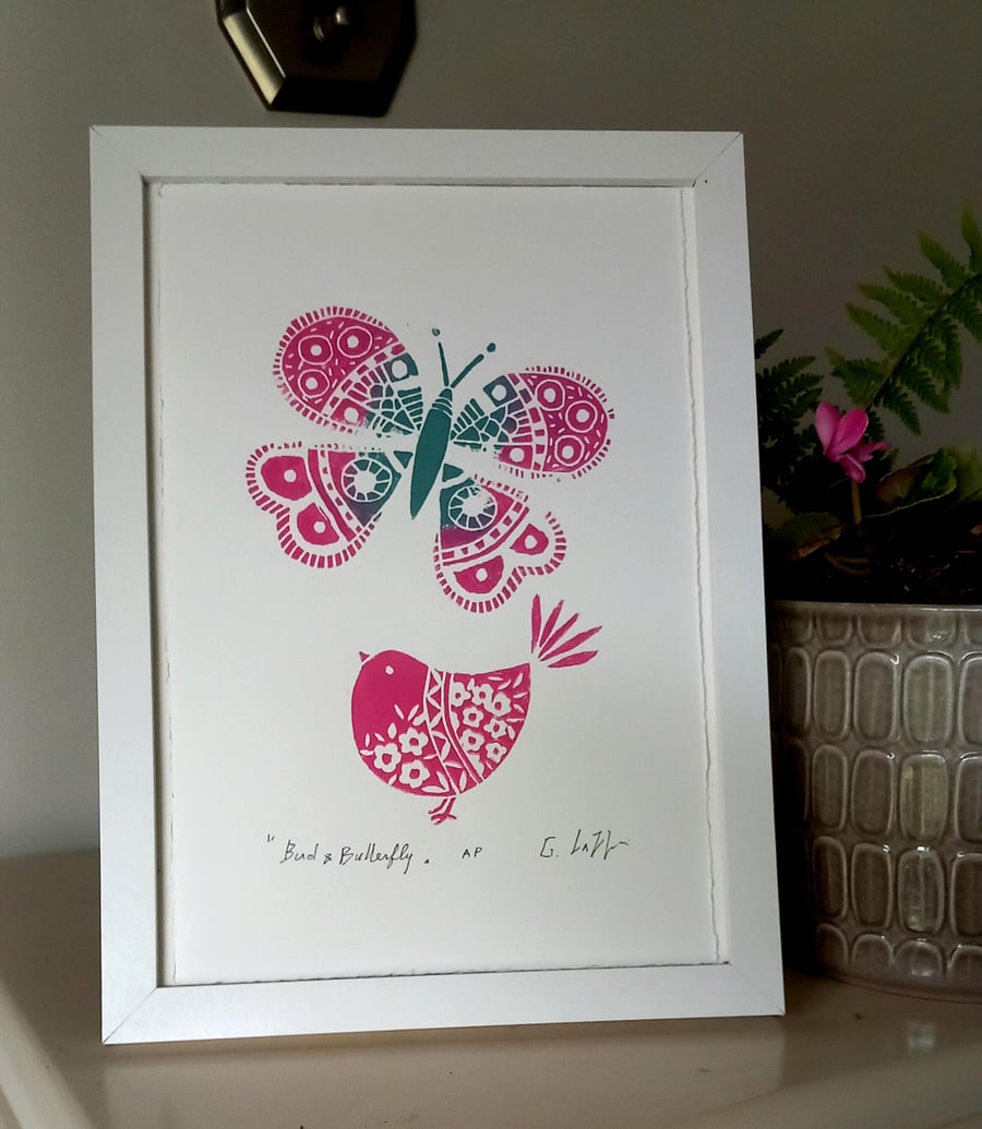 Bird & Butterfly, Limited Edition Linocut, Original Print by Giuliana Lazzerini