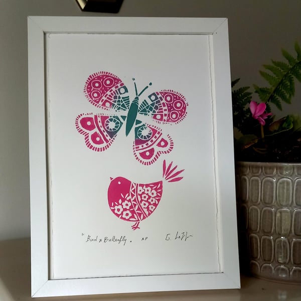 Bird & Butterfly, Limited Edition Linocut, Original Print by Giuliana Lazzerini