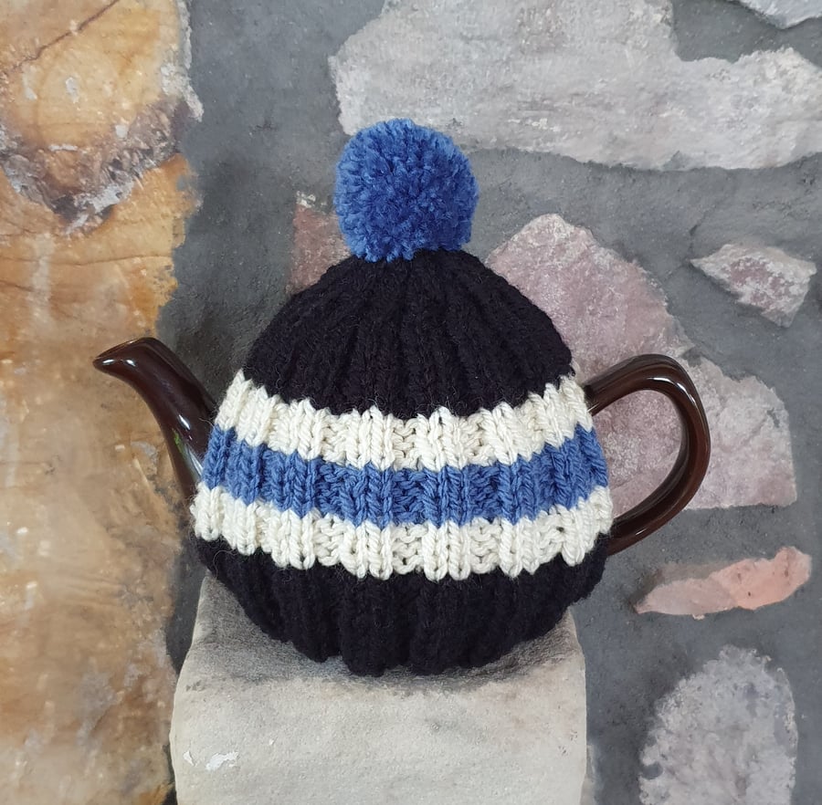 Small Tea Cosy for 2 Cup Tea Pot, Black, Blue, Cream Hand Knitted, Wool Mix