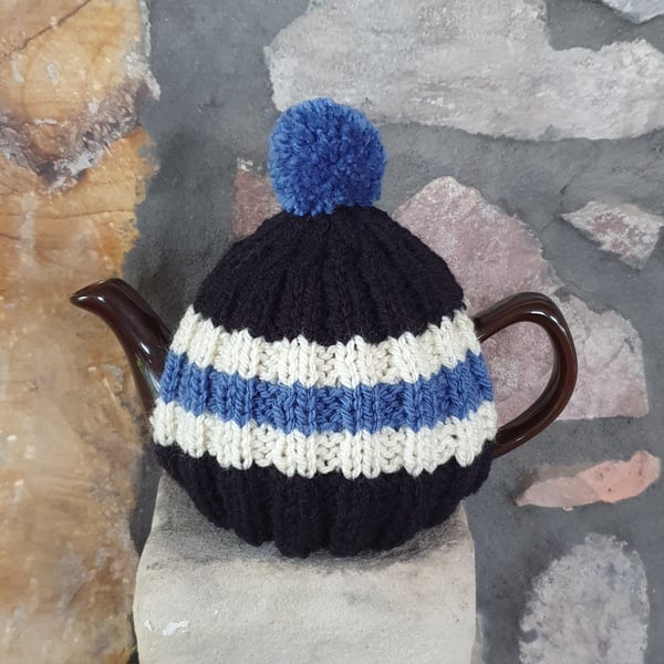 Small Tea Cosy for 2 Cup Tea Pot, Black, Blue, Cream Hand Knitted, Wool Mix