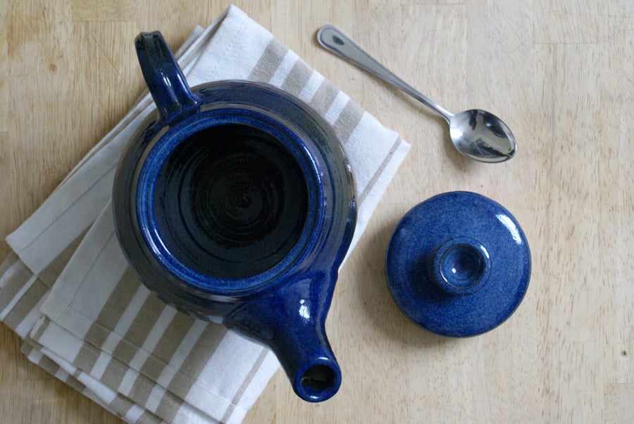 Stoneware pottery teapot - wheel thrown and glazed in midnight blue