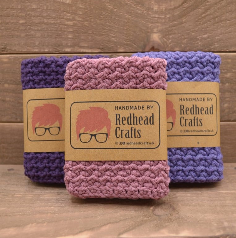 Set of 3 Crochet Washcloths, Eco Cotton Face Cloth Pack, Purples