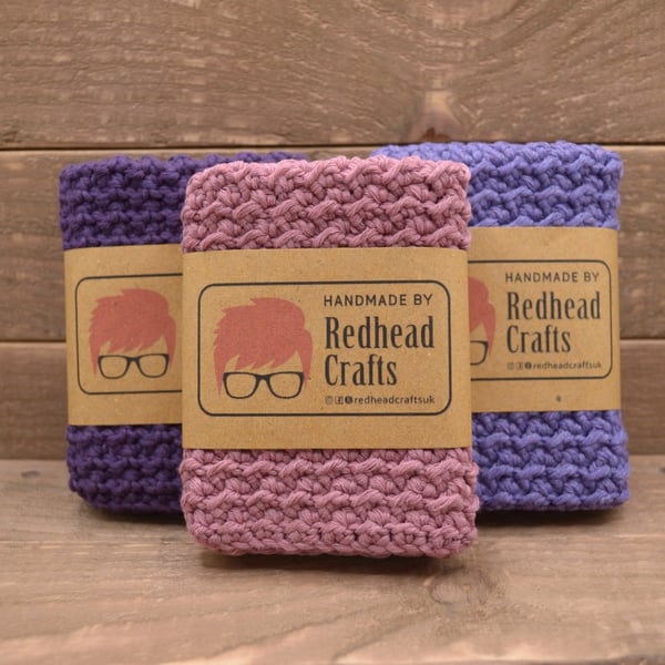 Set of 3 Crochet Washcloths, Eco Cotton Face Cloth Pack, Purples
