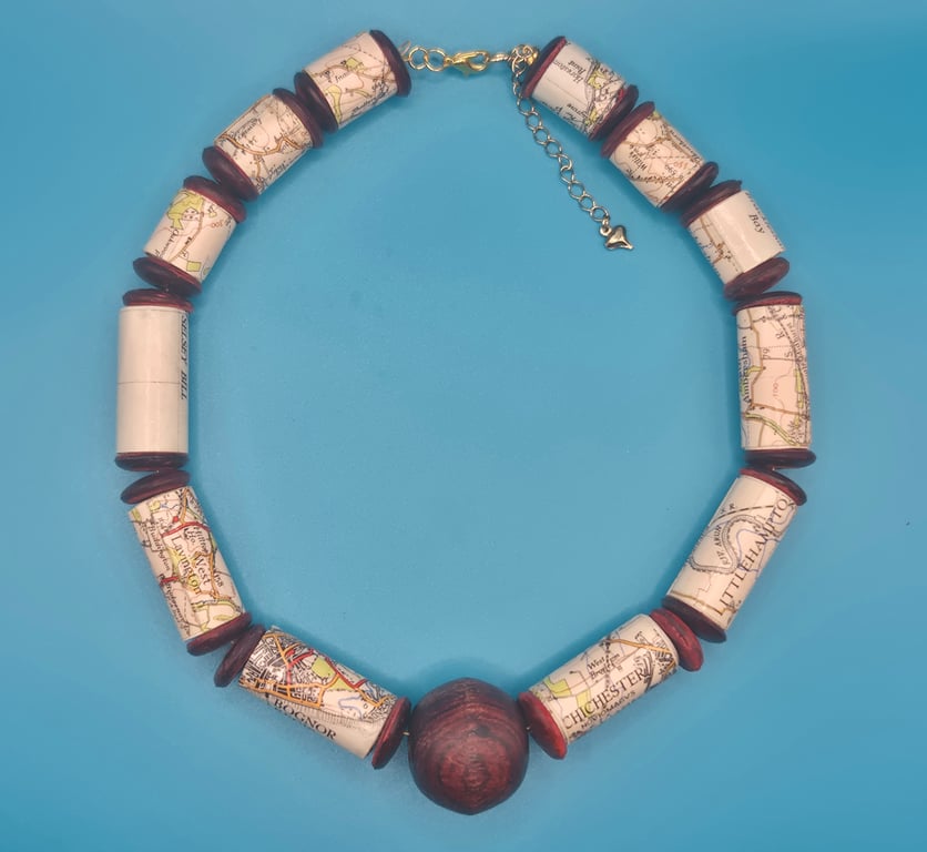 Chunky paper beaded necklace made with an old OS map of Chichester