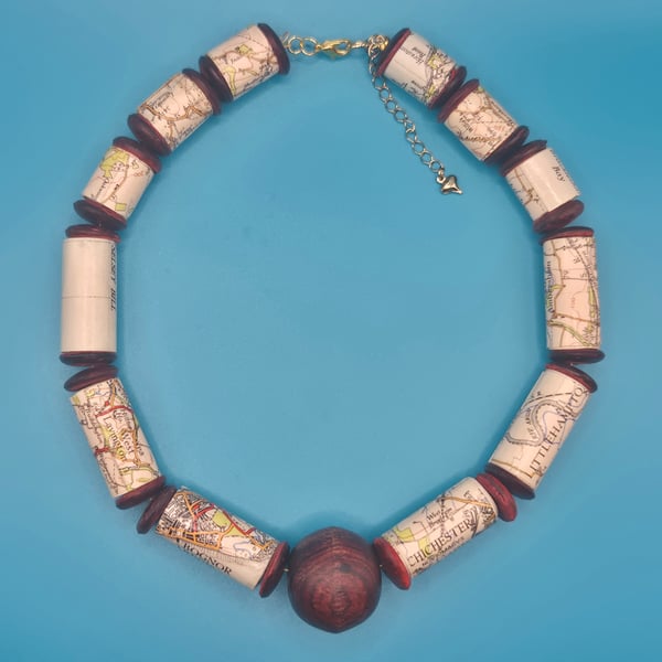 Chunky paper beaded necklace made with an old OS map of Chichester