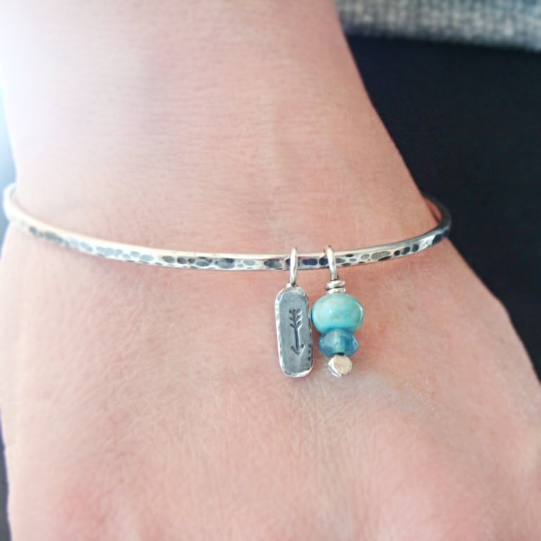Eco Silver Arrow Charm Bangle with Turquoise and Kyanite Beads