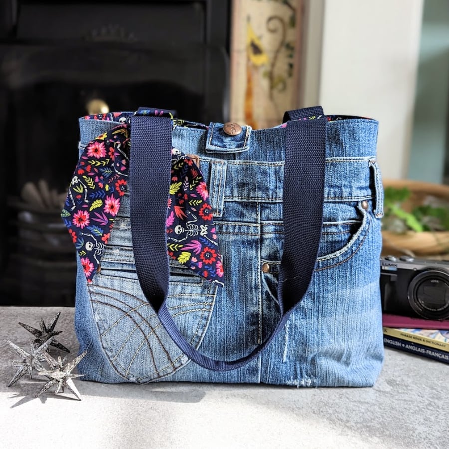 Recycled Denim Tote Bag with Quirky Skeleton an... - Folksy