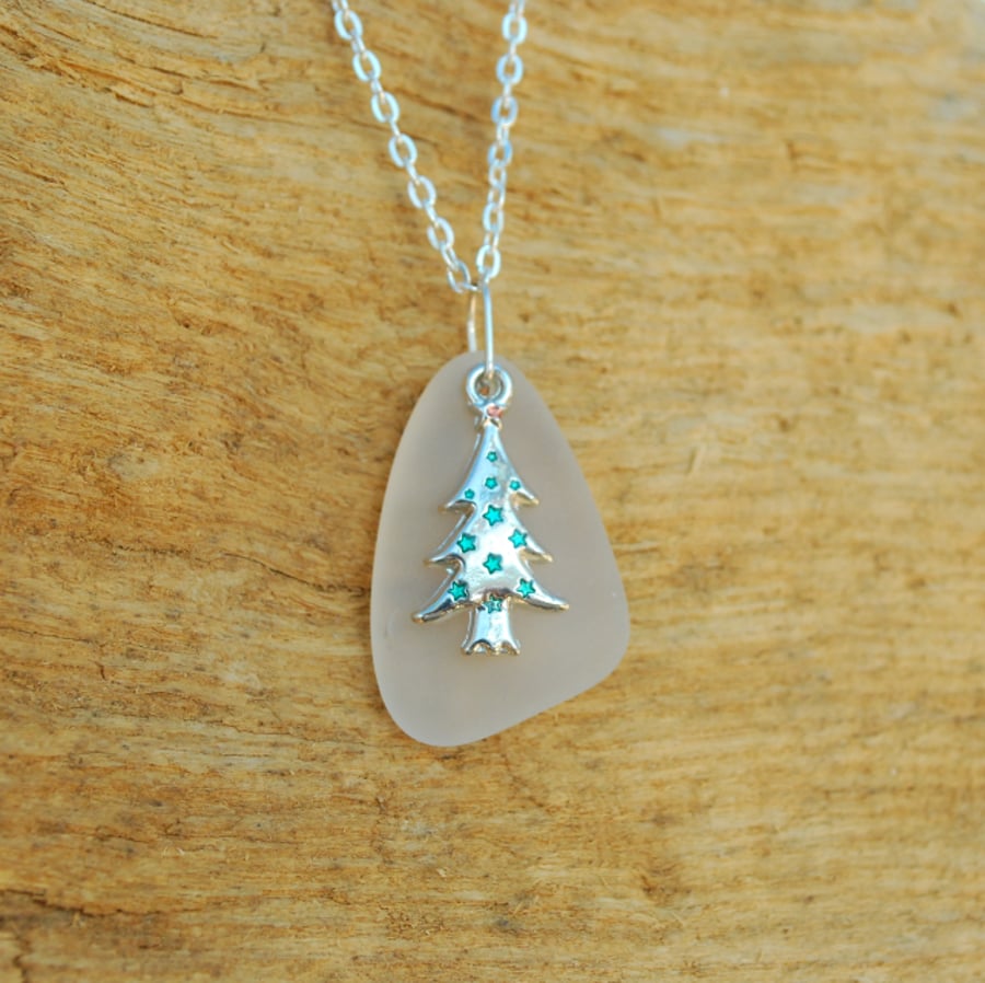 Silver Christmas tree in snow pendant
