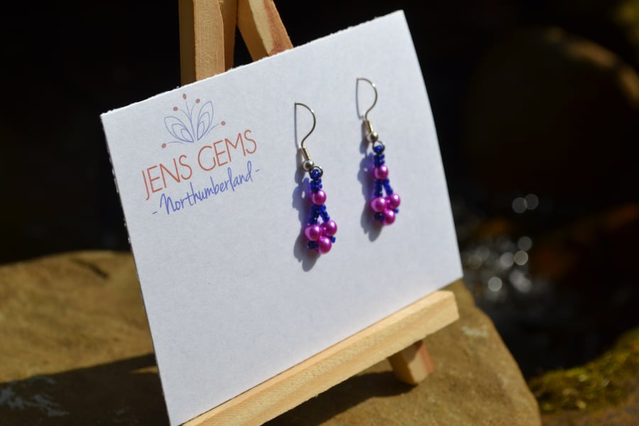 Navy Blue and Vibrant Pink Beadwork Earrings
