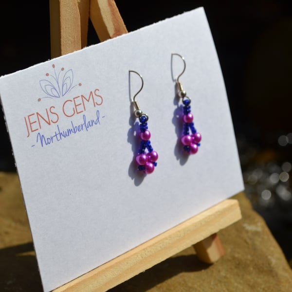 Navy Blue and Vibrant Pink Beadwork Earrings