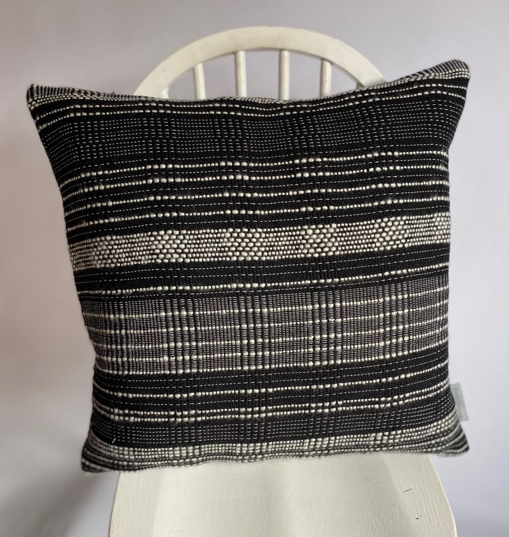 Black & White  : Hand woven wool cushion, designed and made by Yvonne Skelton