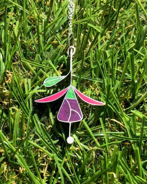 Fuchsia and Leaf pendant in Silver and Resin.