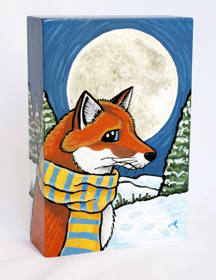 Fox in the Snow Shelf Sitter - Free Standing Original Art Block - Wood MDF
