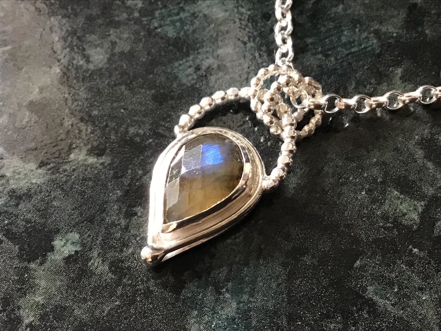 Labradorite teardrop Sterling and Fine silver dainty pendant necklace