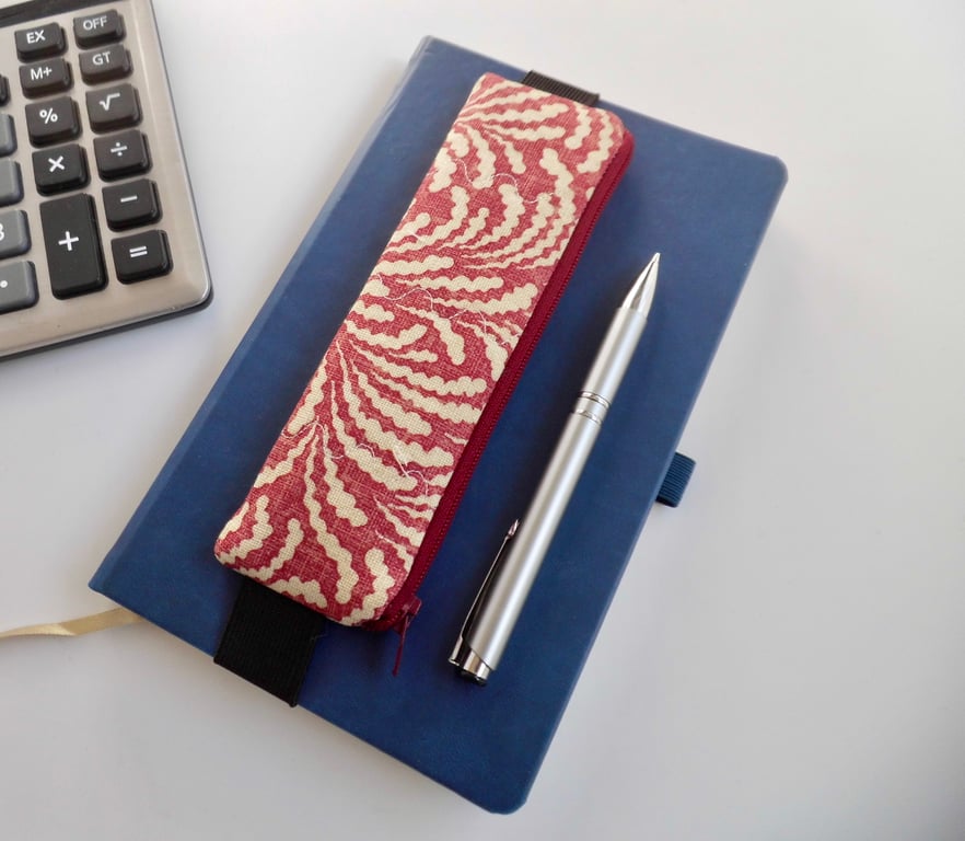 Elasticated pencil case for cover of book diary journal red linen