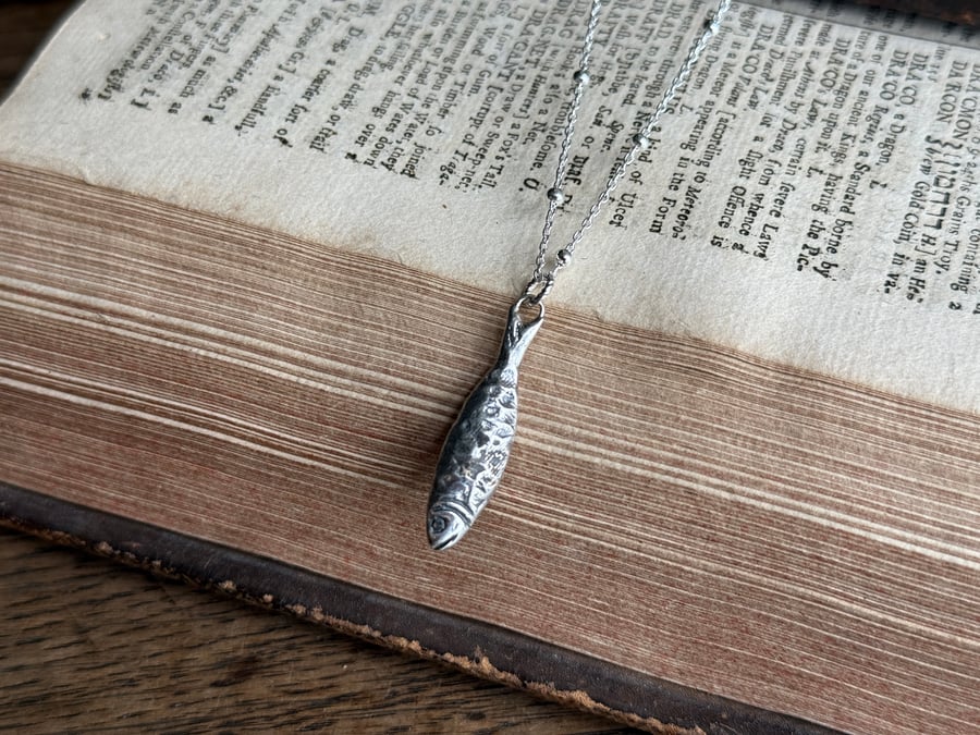 Small Sterling Silver Silver Fingerprint Herring Fish Necklace 